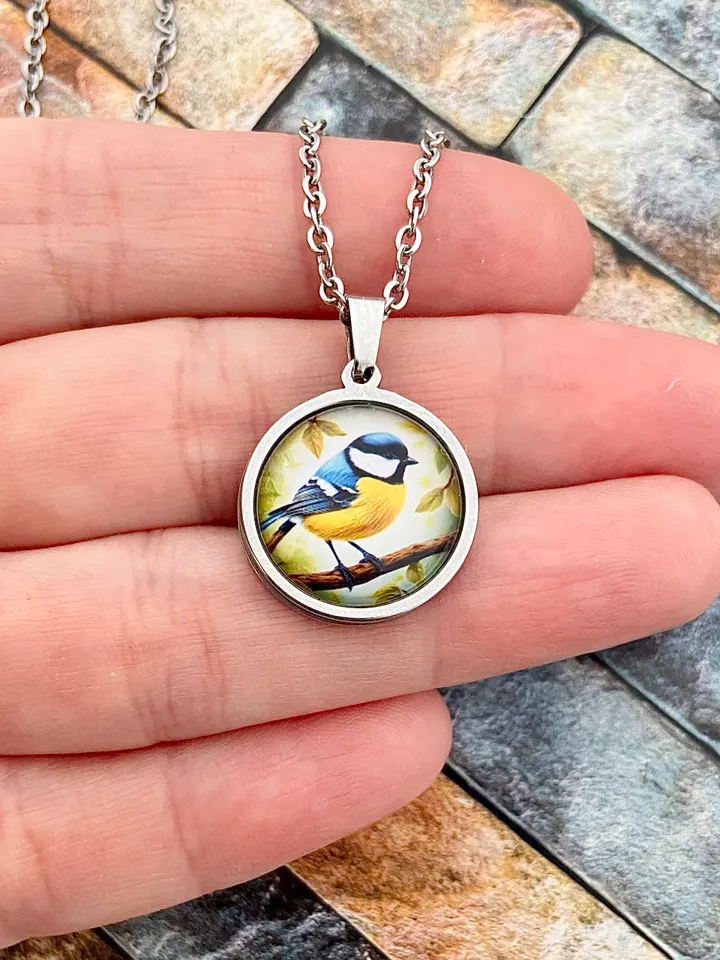 Titmouse bird, steel pendant with glass