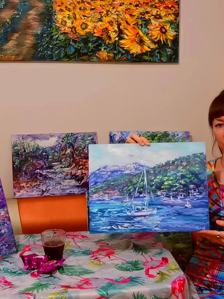 Yachts Sailboats Sea Mountains Original Art Oil Painting Resort Rocks Artist Svinar Oksana