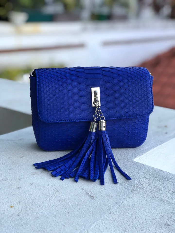 Bright blue Python skin tassel bag | electric blue chain crossbody bag | Leather designer bag | Exotic skin bag | Small crossbody Bag tassel