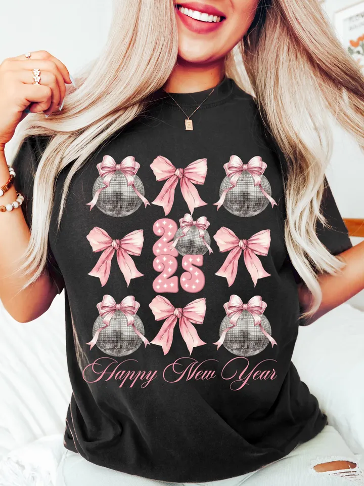 Happy New Year 2025 Png, Disco Ball New Year's PNG, Social Club Coquette Sublimation, Trending Disco Ball, Pink Bow New Year Sublimination