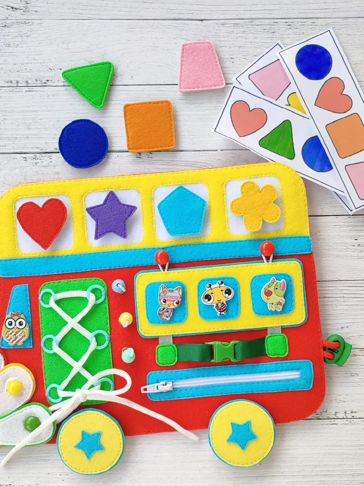 Felt montessori busy board pattern, Baby sensory board pdf,  Quiet book pattern, Soft  activity toys, Felt sewing pattern pdf for boys