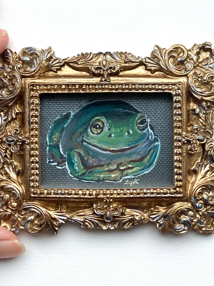 Framed Frog Painting Original Green Frog Artwork Amphibians Art Gouache Painting