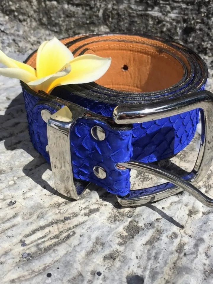 Genuine python skin blue belt | electric blue ultramarine belt | handmade leather belts | unisex belt | exotic leather belt |