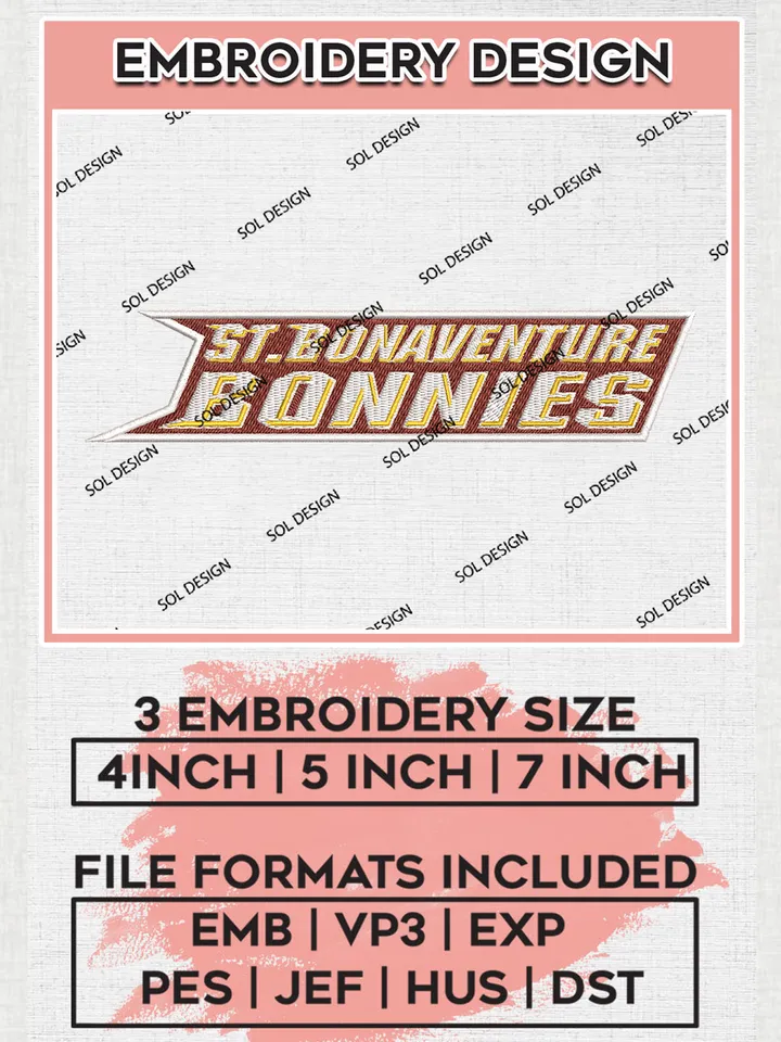 NCAA St. Bonaventure Bonnies College Team Word Logo Embroidery Design Files, NCAA St. Bonaventure Bonnies Machine Embroidery, NCAA Teams, 3 sizes, NCAA Machine embroidery designs, Digital Download