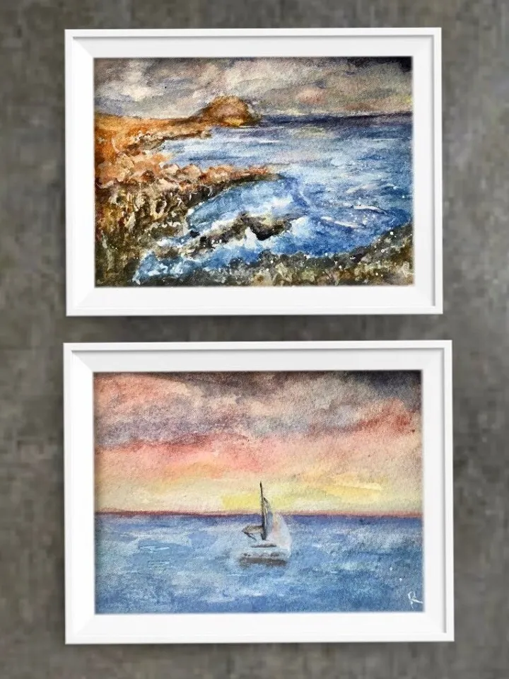 Set of 2 original watercolor seascapes, watercolour wall art,ocean,boat,sunset,rocks painting,Canarian Islands wall art,unique gifts.