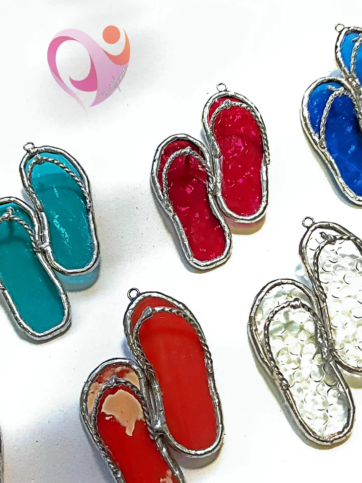 Real Stained Glass Flip Flop Car Charm or Bag Charm Suncatcher for Beach Lovers Cute Rear View Mirror Decoration Unique Purse Accessory