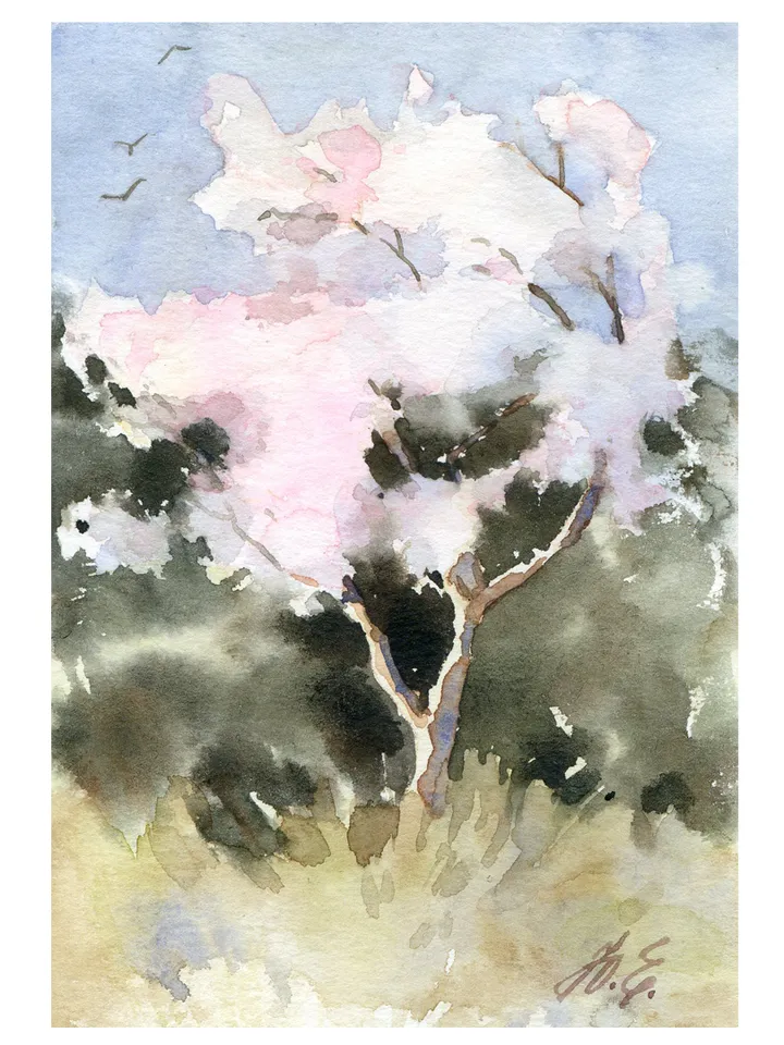Flowering tree painting Original watercolor postcard Small artwork by Yulia Evsyukova