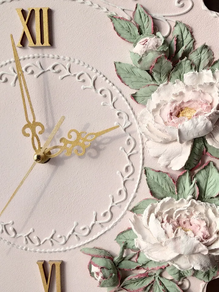 Pink wall clock with voluminous white peonies Silent wall clock for bedroom or nursery Gift for Christmas, Birthday, Mother's Day, Wedding, Housewarming