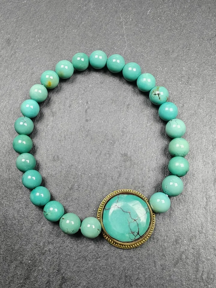 Gandhanra Authentic Original TURQUOISE Gemstones TIBETAN BRACELET - Old Beaded Wrist Mala Bracelet,7mm Beads, 19cm perimeter