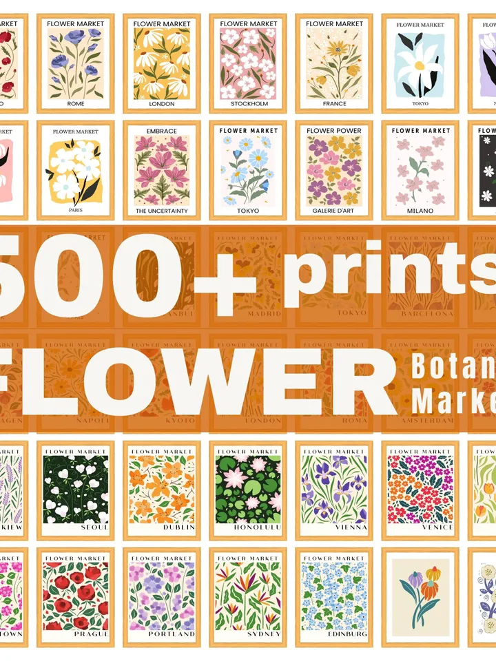 Flower Market Print Set of 500 Flower Gallery Wall Set, Trendy Floral Posters, Colorful Art Print Bundle, Botanical Art Set,Digital Download