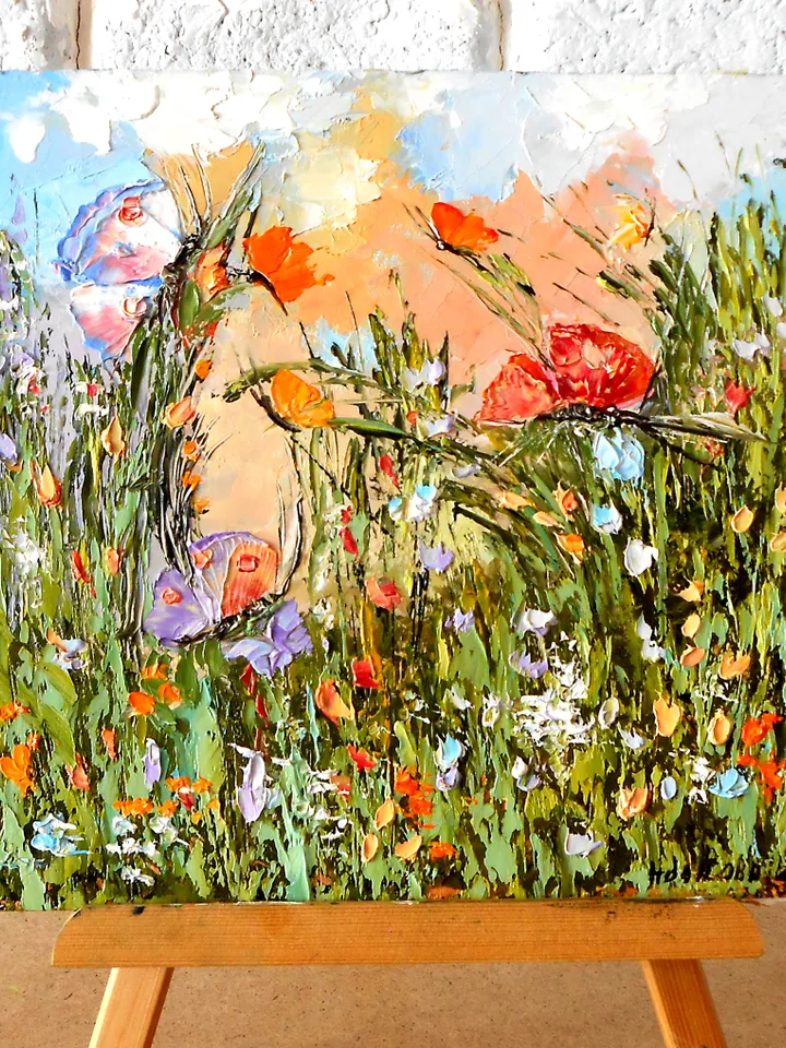 Flowers Original oil painting | Butterflies with wildflowers