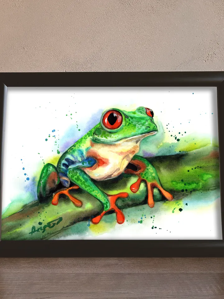Green frog Original watercolor, frog painting, wall decor, 8x11 in handmade art by Anne Gorywine