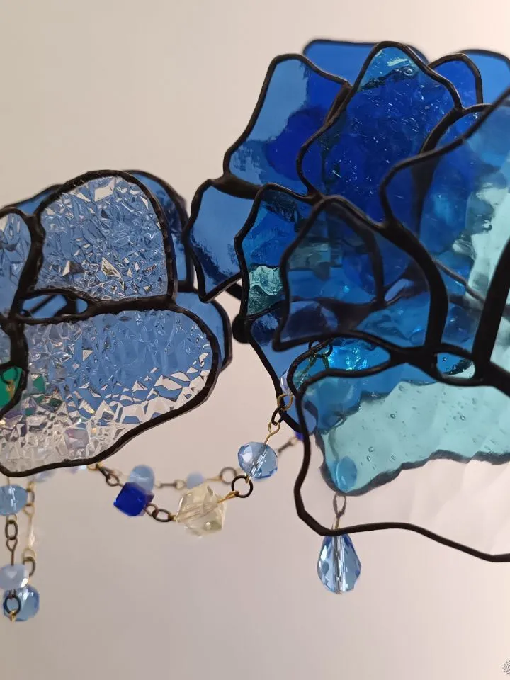 3D Blue-Turquoise Branch, 3D Blue-Turquoise Floral Branch in Stained Glass, 3D Stained Glass Branch with Blue and Turquoise Flowers, Blue and Turquoise 3D Stained Glass Stem, 3D Blue-Green Flowering Branch in Stained Glass, Stained Glass 3D Branch in Blue