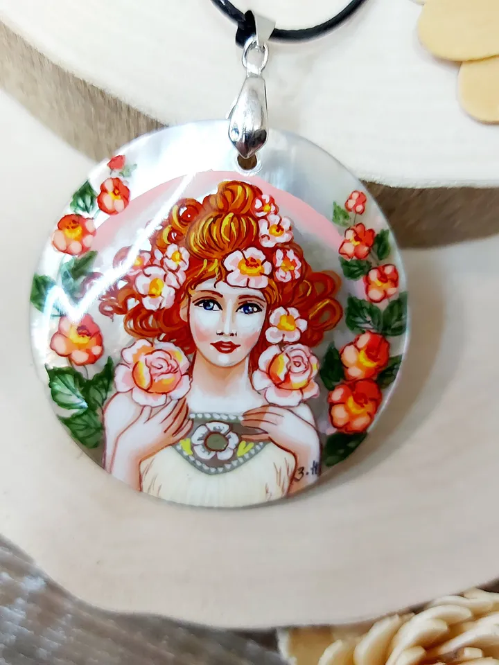 Pearl pendant necklace: Rose by Alphonse Mucha on aesthetic pendant. Handmade Floral jewelry with abalone mother-of-pearl. Gift for mother