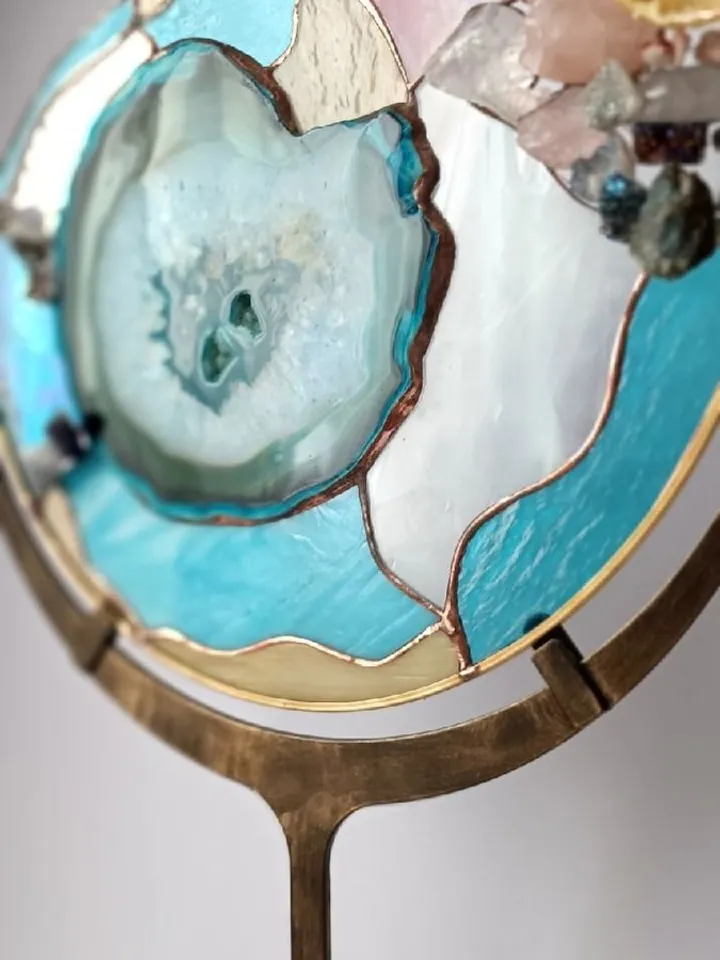 Agate and Gemstone Panel, Tiffany Stained Glass, Tiffany Stained Glass Panel with Agate and Gemstones on Stand, Stained Glass Agate and Gemstone Panel on Stand, Agate and Gemstone Stained Glass Panel with Stand