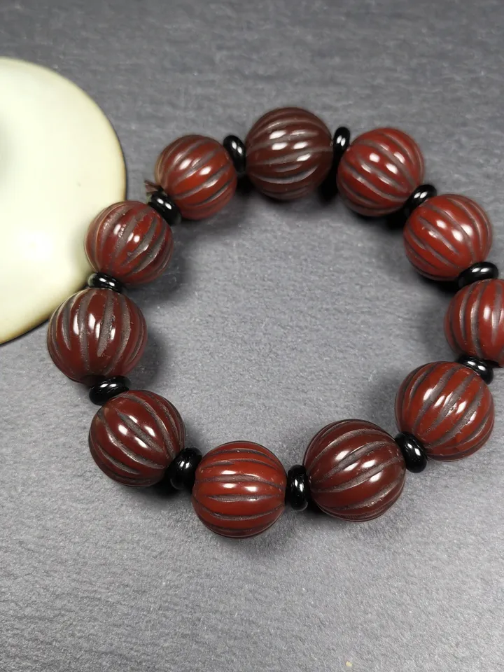 Gandhanra Old Tibetan Wrist Mala, 0.75" Agate Pumpkin Ball Prayer Beads Bracelet