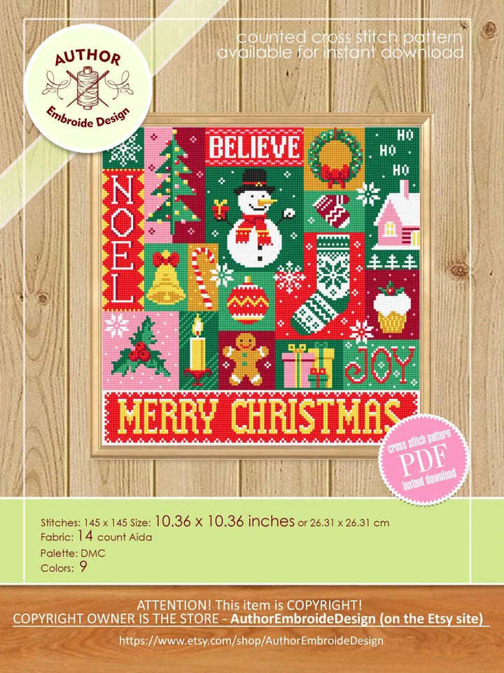 Christmas sampler cross stitch pattern PDF download Xmas cross stitch chart, Merry christmas pattern digital PDF, Christmas ornament #N143