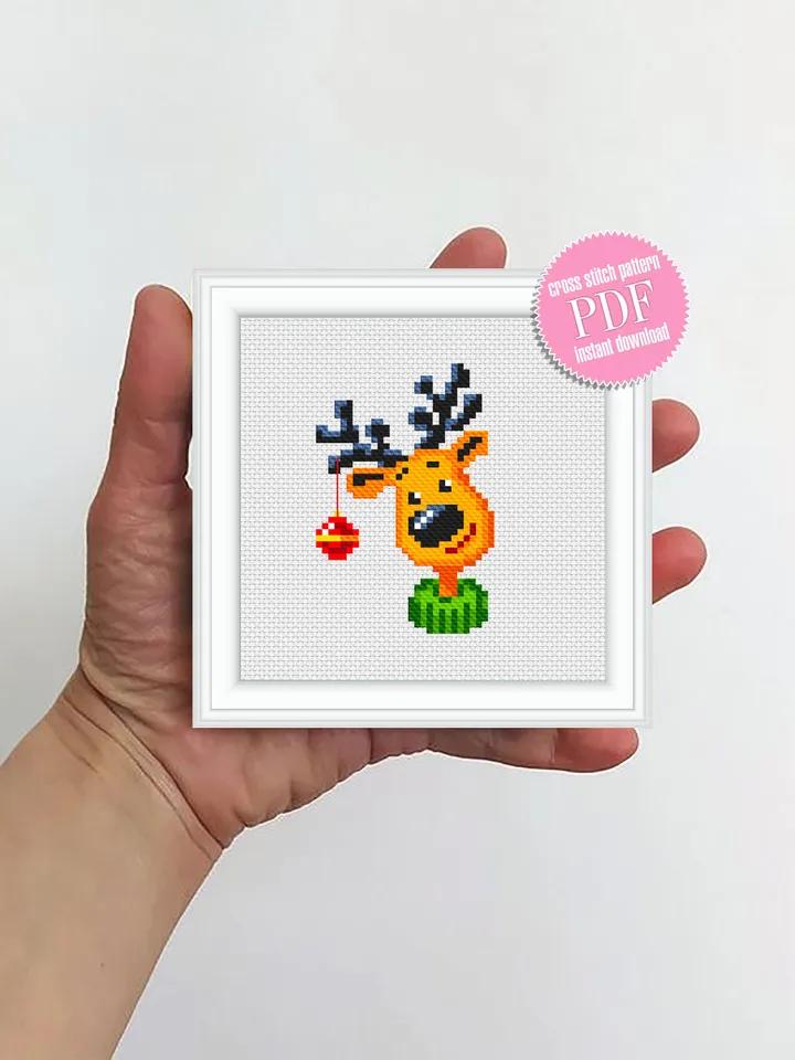 Tiny Christmas cross stitch pattern download PDF, Funny christmas reindeer cross stitch chart, Christmas deer embroidery PDF Home decor #N10