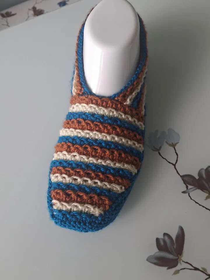 Blue Tan and White Color Wool Slippers - Handmade Cozy House Shoes