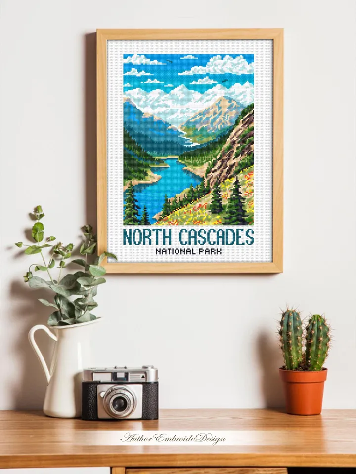 North cascades national park cross stitch pattern PDF download Travel poster cross stitch chart, Mountain landscape pattern digital PDF #L97