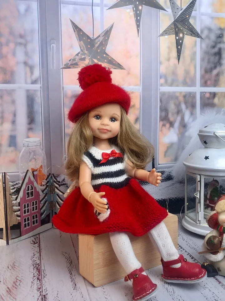 French Dress for Paola Reina doll KNIT PATTERN Oar dress for Boneka 12-13 inch doll, Ruby Red Siblies, Les Cheries 32 cm PDF eng
