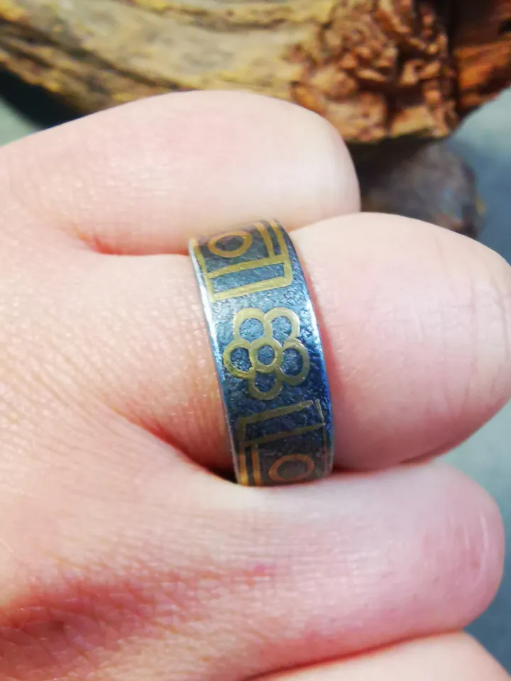 Gandhanra Unique Handcrafted Tibetan Dzi Ring | Protection Jewelry | Cold Iron & Copper Inlay | Adjustable Size | Tibetan Craftsmanship