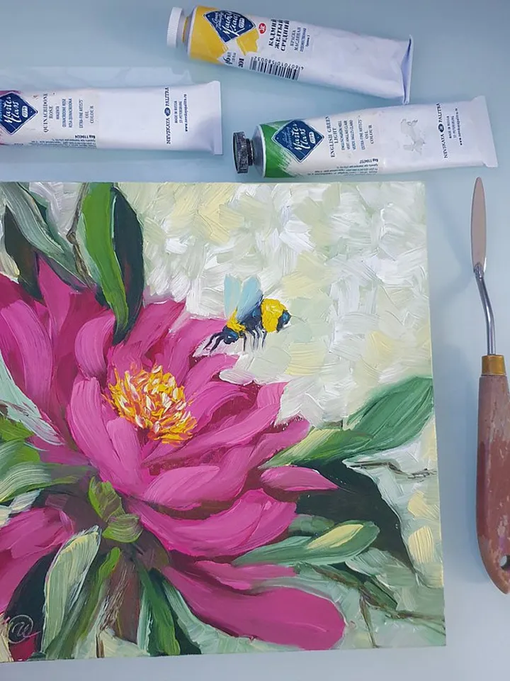 Bee Painting Floral Original Art Tropical Wall Art Flower Small Oil Painting