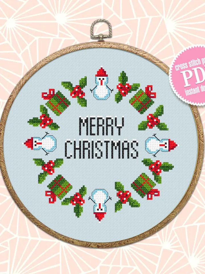 Snowman wreath cross stitch pattern download PDF Merry Christmas cross stitch chart Small Snowman pattern digital, DIY Christmas decor #N42