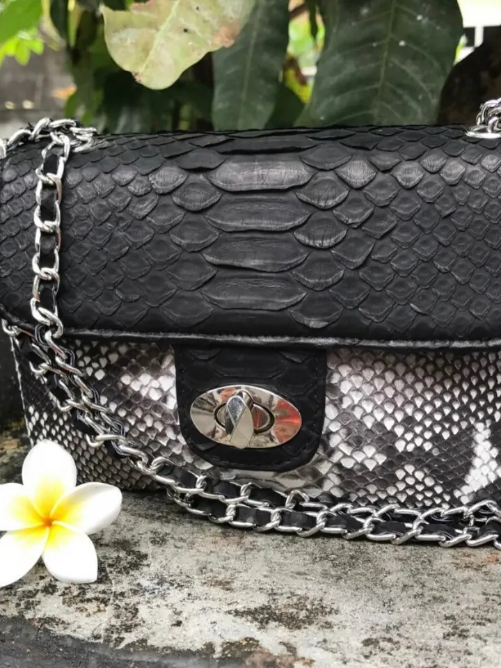 Genuine Python Skin Crossbody Colorblock Black and gray bag | Adjustable Chain Classy Elegant snake Small Lady Summer Bag | Python Purse