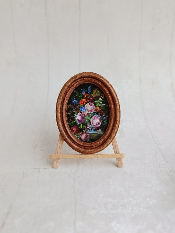 Miniature original oil painting with flowers in vintage style for dollhouses in 1/12, 1/6 scale