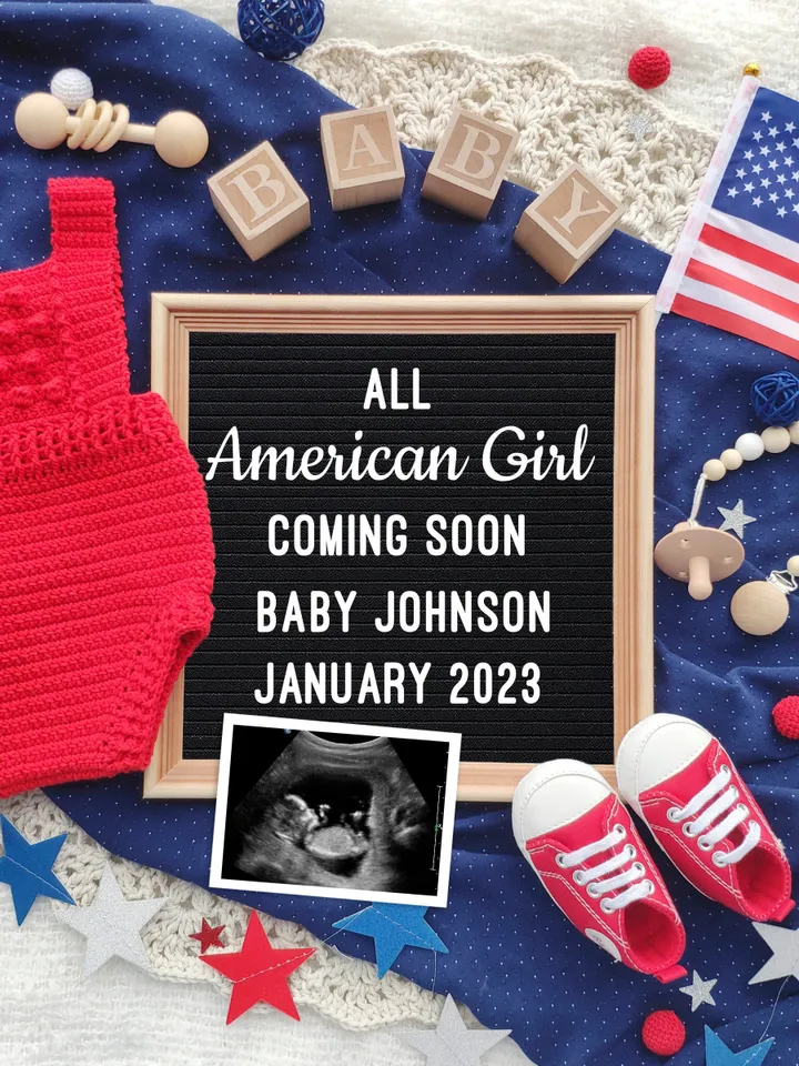 4th of July Pregnancy Announcement for Social Media, American Girl Baby Announcement 4th of July Baby Announcement Editable Digital Template