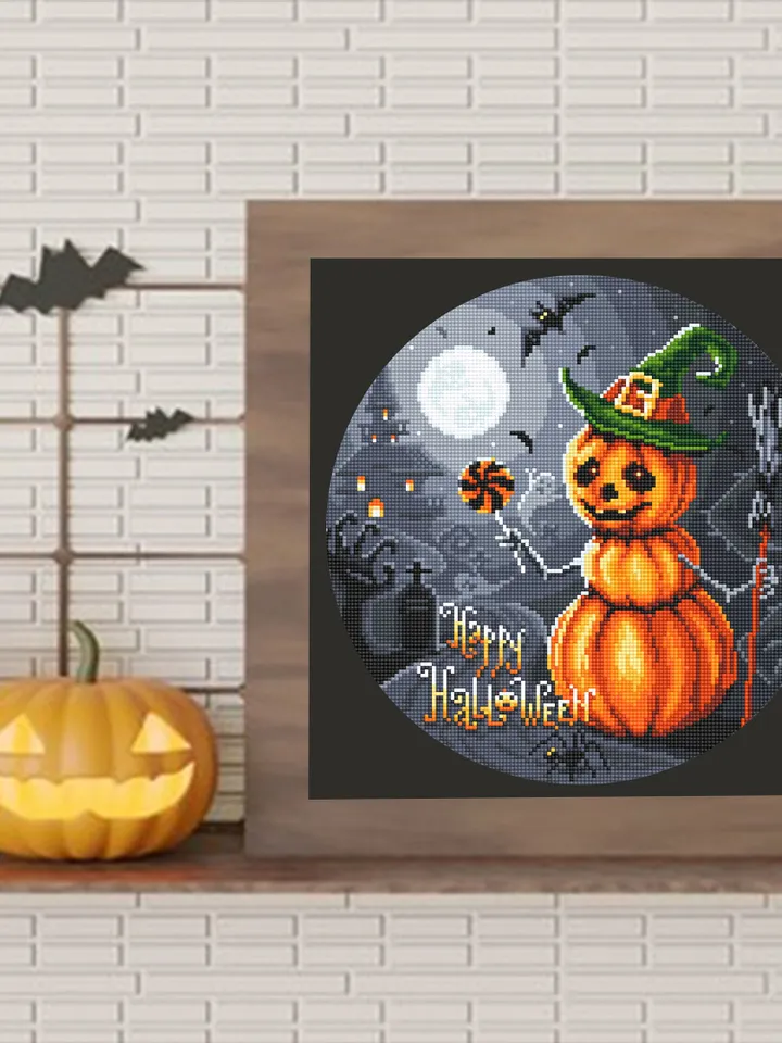 Happy Halloween cross stitch pattern download PDF Snowman pumpkin cross stitch chart, Spooky Halloween embroidery PDF, Gothic decor #H44