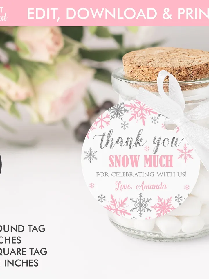 Winter Onederland Favor Tags, Thank You Tags, Snowflakes Gift Tags Winter Onederland Birthday Girl Decorations Pink Silver Editable Template