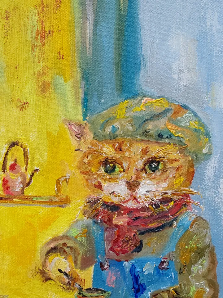 Oil painting on canvas "Cat Barista" 24x30cm (9.6x12 inch)