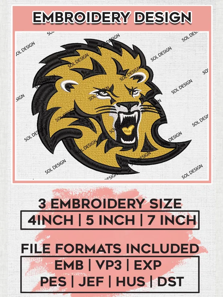 NCAA SE Louisiana Lions Team Head Mascot Logo Machine Embroidery Design, NCAA SE Louisiana Lions Team Design Design files, NCAA Team Embroidery Designs, NCAA Machine Embroidery Designs, Digital Download