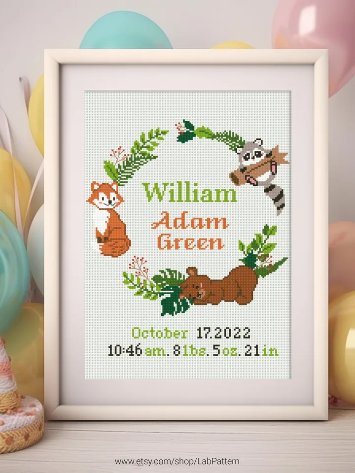 Zoo Animals Birth announcement cross stitch pattern, baby, personalized, boy girl nursery decor, counted, gift DIY, embroidery, instant PDF