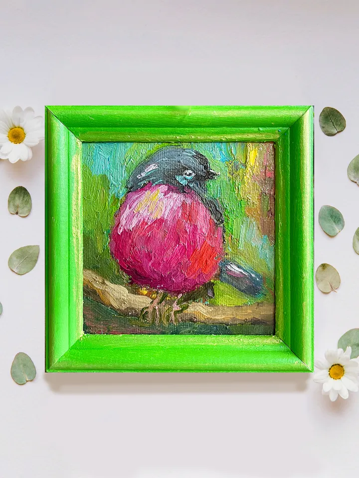 Pink robin painting, original bird oil painting, framed art