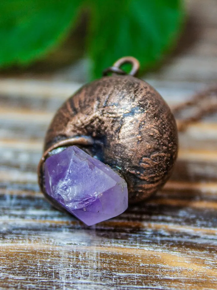 Handmade copper pendant made from real shell using electroforming process, embellished with natural amethyst, great gift for her and him