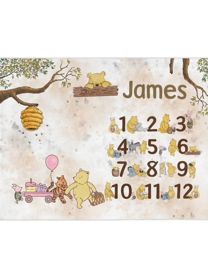 Personalized Milestone Blanket Winnie Pooh, Classic Winnie Pooh Milestone Blanket, Personalized Pooh Blanket, Hundred Acre Wood; wp00