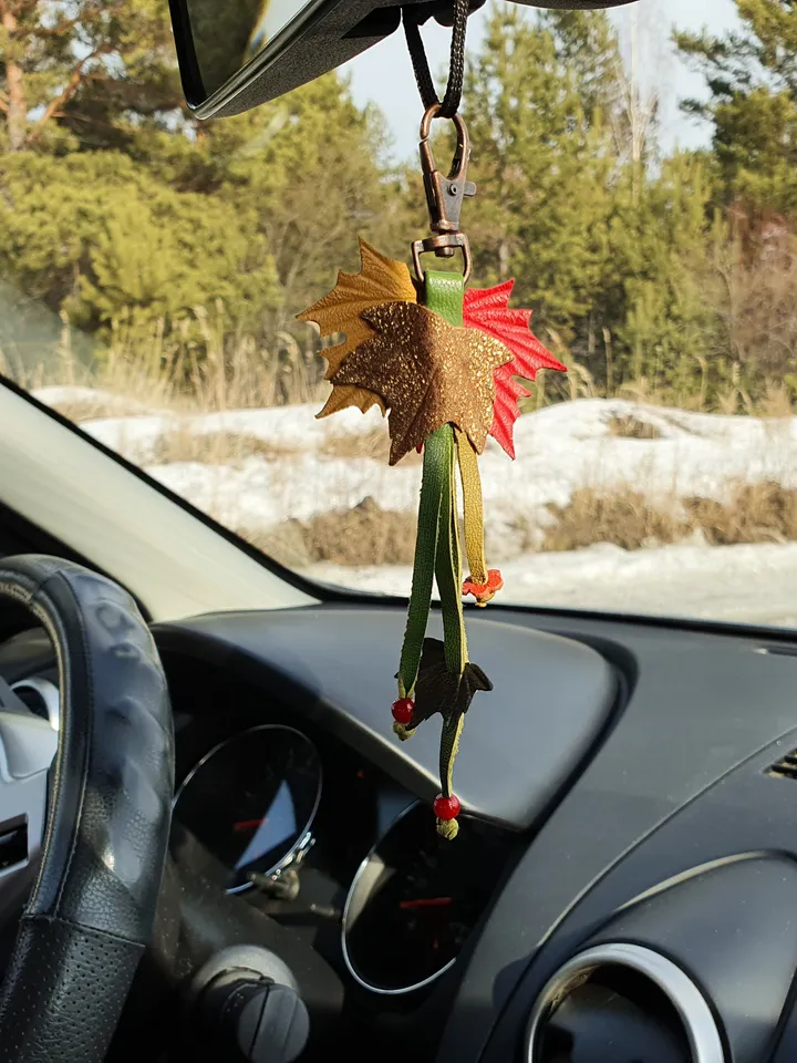 Orange maple Leaf Keychain Leather tassel charm Leather Pendant, art.3