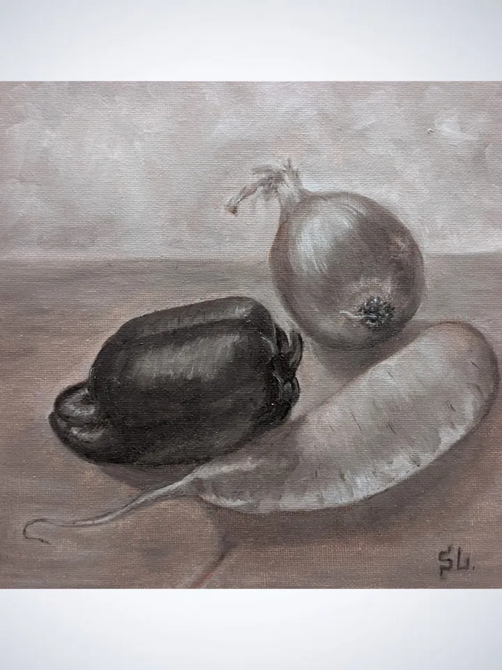 Still Life with Vegetables, Oil Painting with Peppers, Onions and Radishes, Canvas 8x8 inches