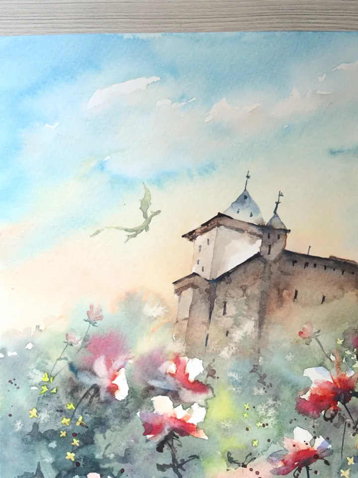 Dragon castle painting Original fantasy art by Yulia Evsyukova