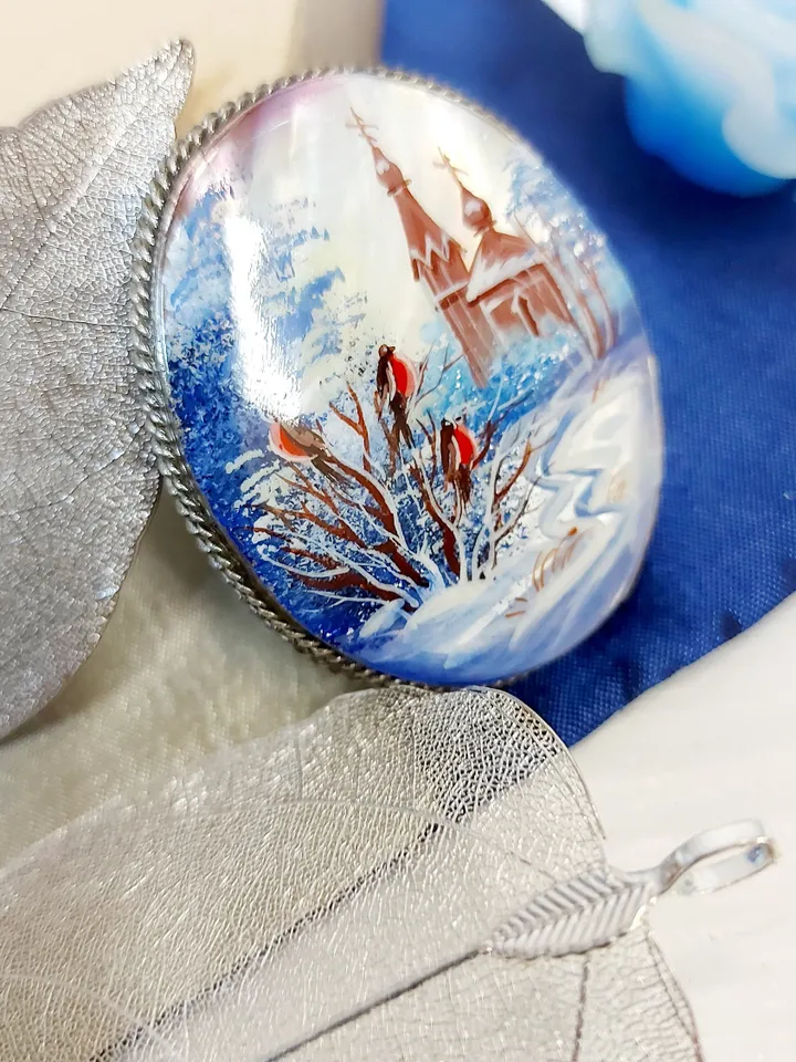 Brooches for women: Church and bullfinches in winter village on hand painted brooch • unique pearl lacquer pin • trendy brooch for dress