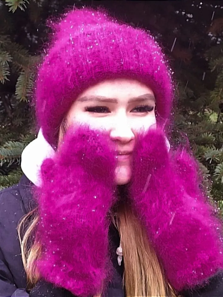 Warm fluffy winter hat and mittens