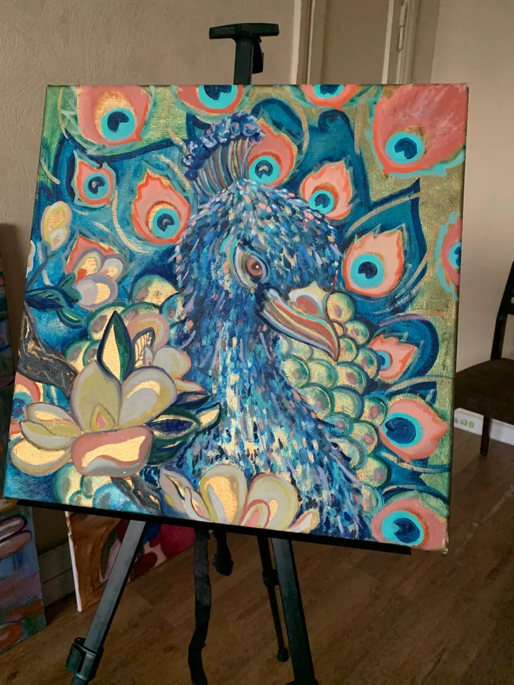 Peacock on gold original oil painting on canvas 19,6x19,6 inches