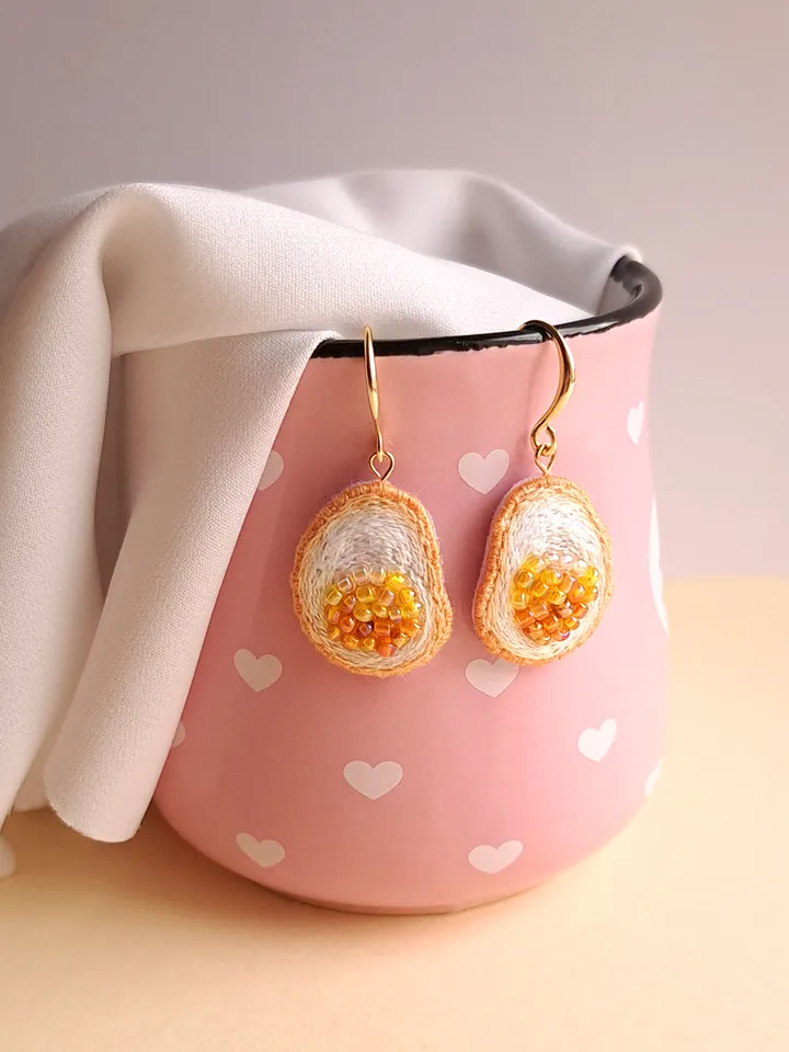 Sunny-Side Up Egg Earrings Hand-Embroidered Foodie Jewelry Quirky Artisan Accessories Boho Food Art Cooking Enthusiast Gift Brunch Outfit