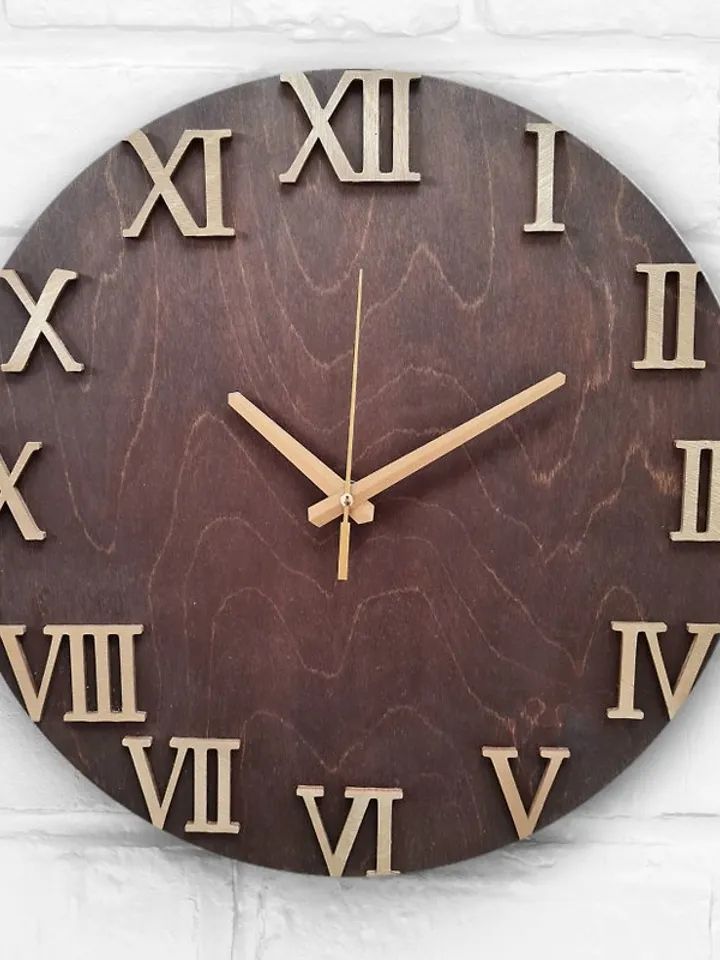 Wooden art wall clock Minimalist clock Large brown clock Silent clock 3D numbers