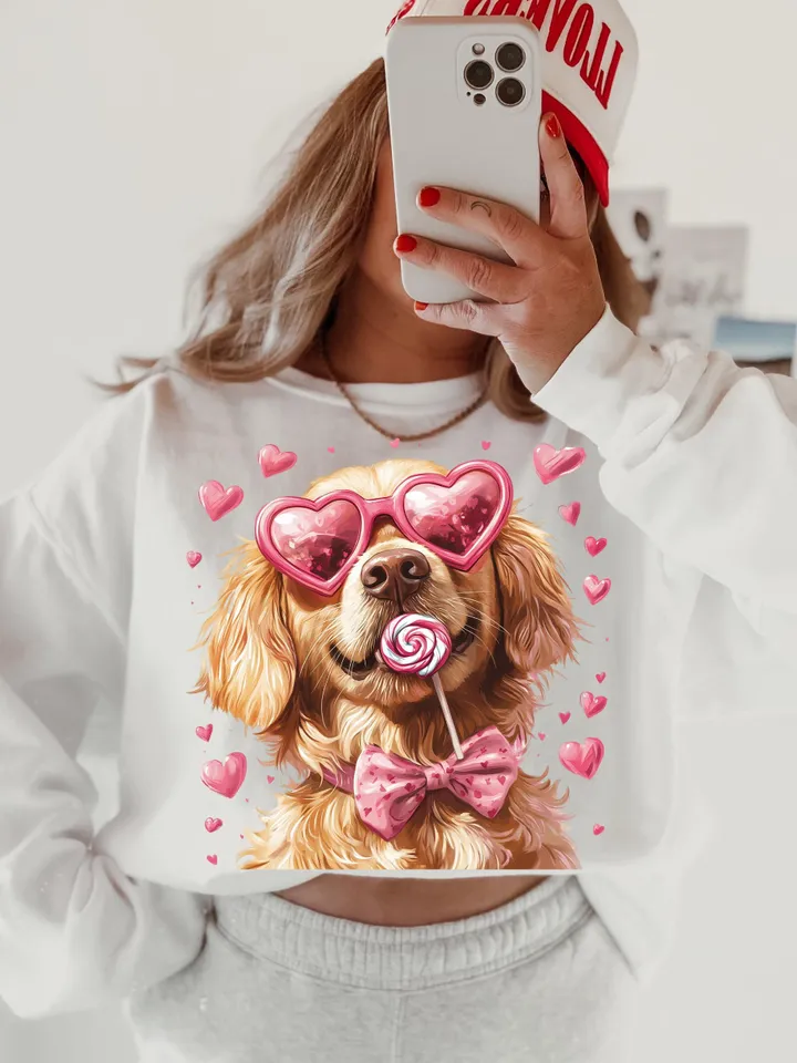 Valentine Dog Lovers png, Golden with heart-shaped glasses, Valentine png, Preppy valentine png, Watercolor Dog Coquette png, Dog Mom png