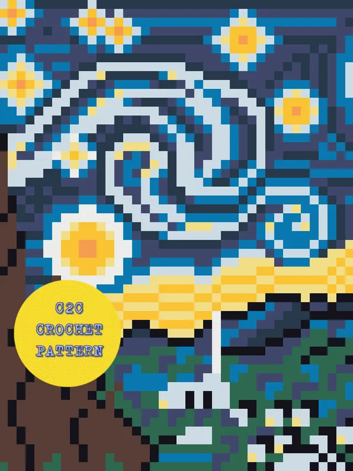 Crochet Pattern C2C Starry Night Vincent Van Gogh 1889 Vintage Counted For Crocheting Afghan Plaid Blankets Digital Download PDF