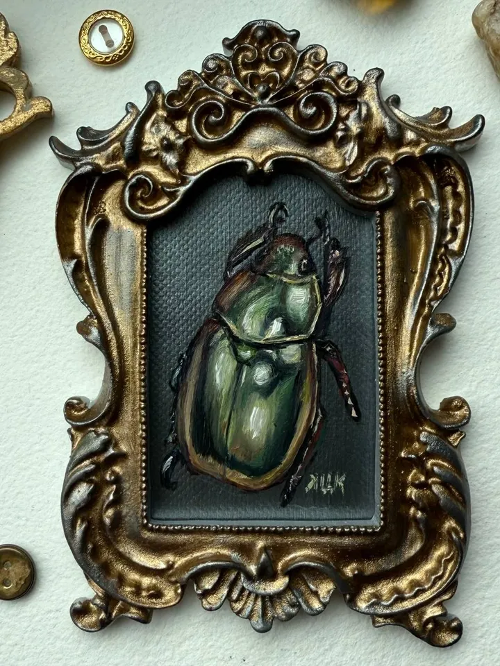 Framed Insect Oil Painting Original Entomology Art Beetle Painting Gold Frame Dark Academia